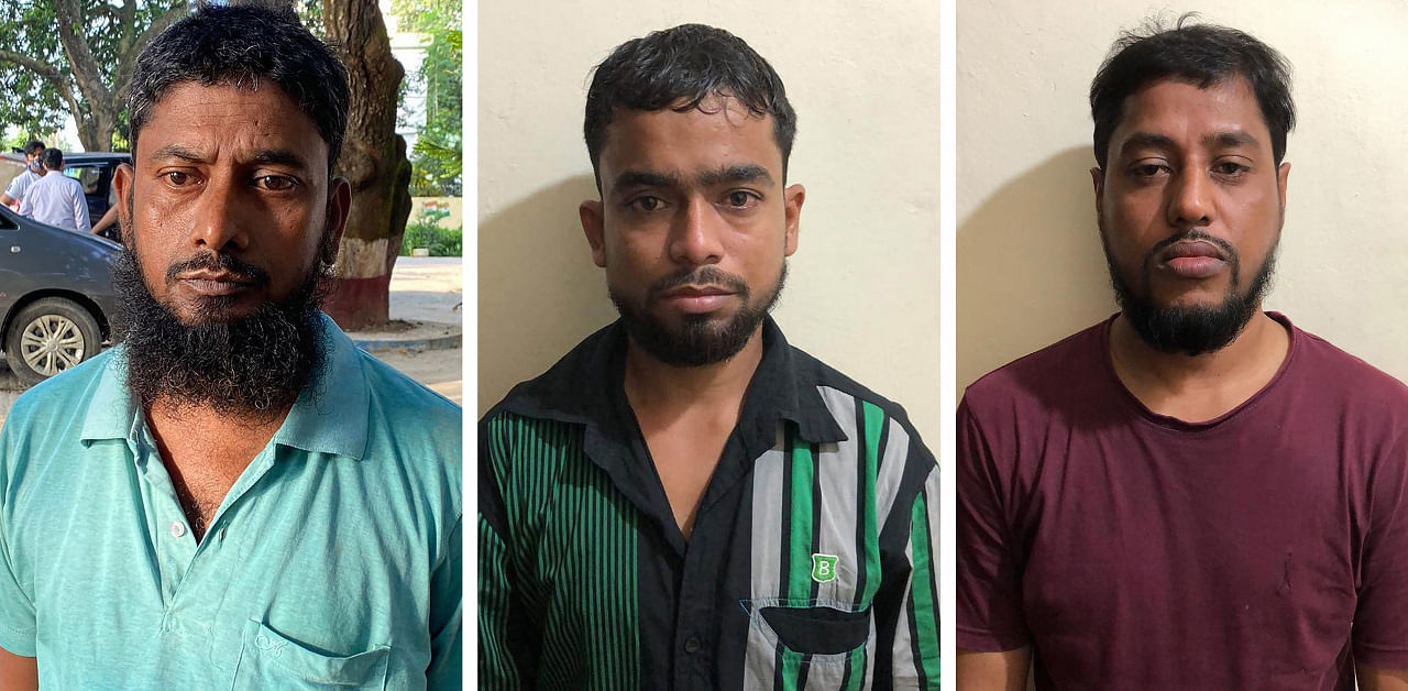  Alleged al Qaeda terrorists (L-R) Abu Sufiyan, Murshid Hasan and Mosaref Hossen after being arrested by National Investigation Agency (NIA) on Saturday, Sept. 19, 2020. NIA on Saturday arrested nine al Qaeda terrorists planning attacks in several places in the country. Credit: PTI Photo