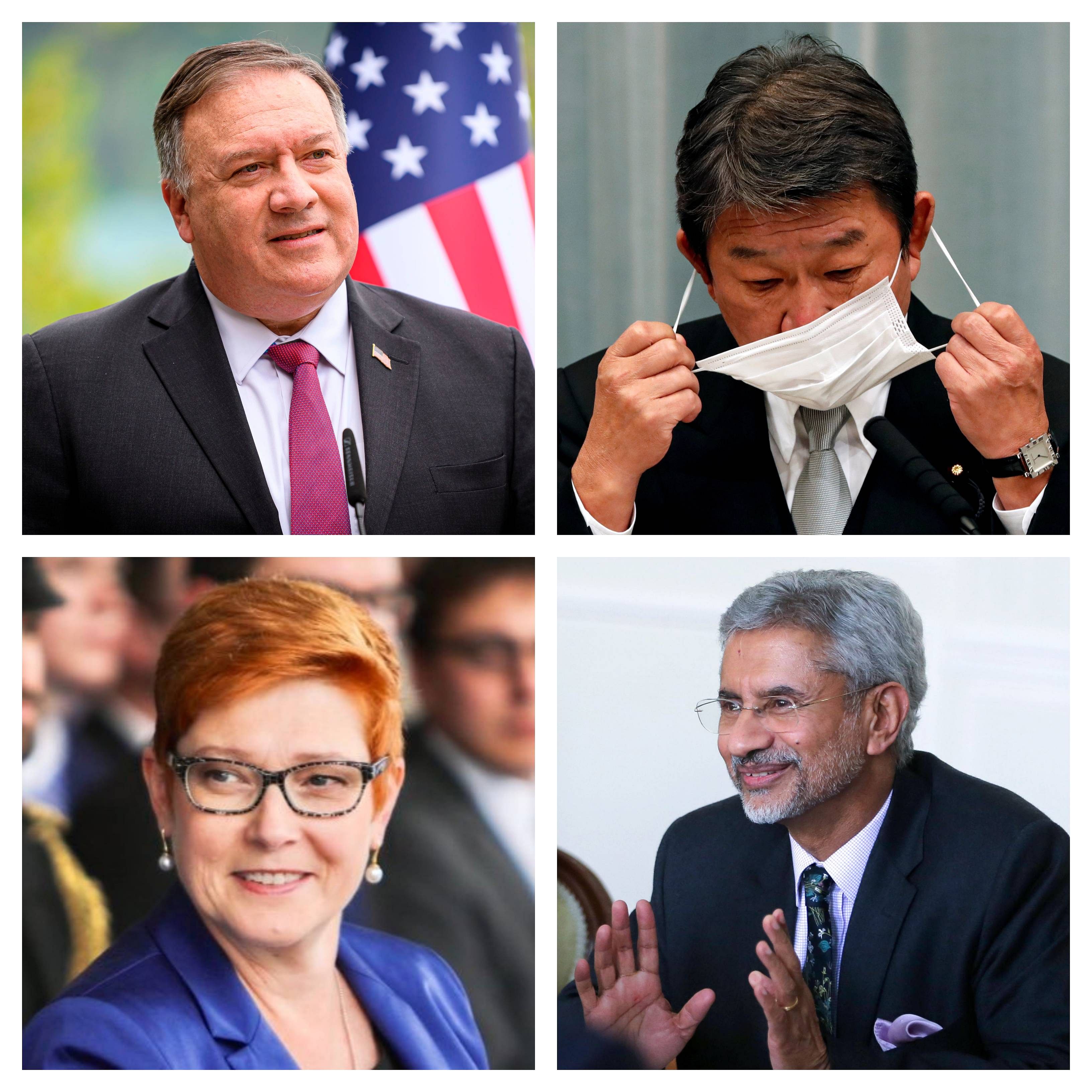 US Secretary of State Mike Pompeo, Japanese Foreign Minister Toshimitsu Motegi, Indian External Affairs Minister S Jaishankar and Australian Foreign Minister Maris Payne. (Clockwise from top) Credit: Agencies