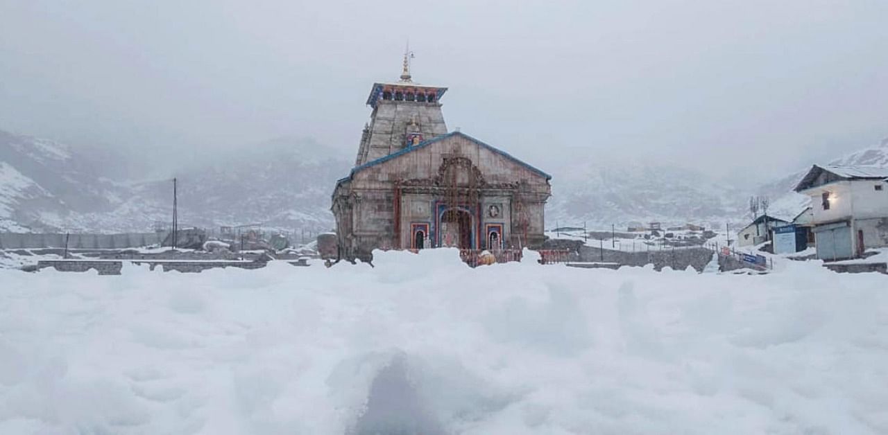  Kedarnath temple surrounded by snow, at Rudraprayag district of Uttarakhand. Credit: PTI