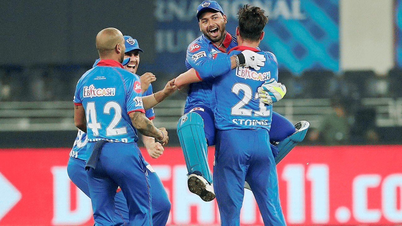 Delhi Capitals players celebrate after defeating Kings XI Punjab in the super over during the cricket match of IPL 2020. Credits: PTI Photo