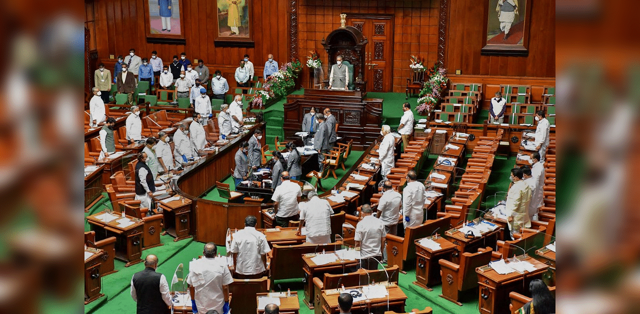 Ministers and MLAs during the Monsoon Session of Karnataka Assembly, in Bengaluru, Monday, Sept. 21, 2020. Credit: PTI Photo
