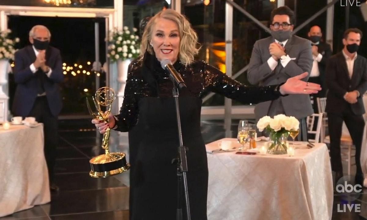 In this video grab captured on Sept. 20, 2020, courtesy of the Academy of Television Arts & Sciences and ABC Entertainment, Catherine O'Hara accepts the award for outstanding lead actress in a comedy series for "Schitt's Creek" during the 72nd Emmy Awards broadcast. Credit: AP/PTI