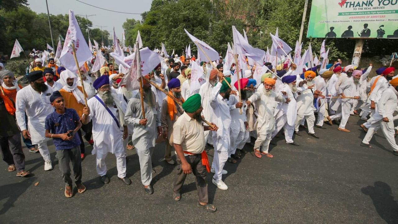 Members of various farmers' organisations during a protest over agriculture related ordinances, in Amritsar. Credit: PTI.