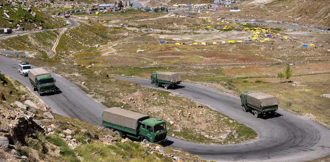 An army convoy carrying military material on its way to Ladakh amid border tension with China, at Manali-Leh highway. Credit: PTI