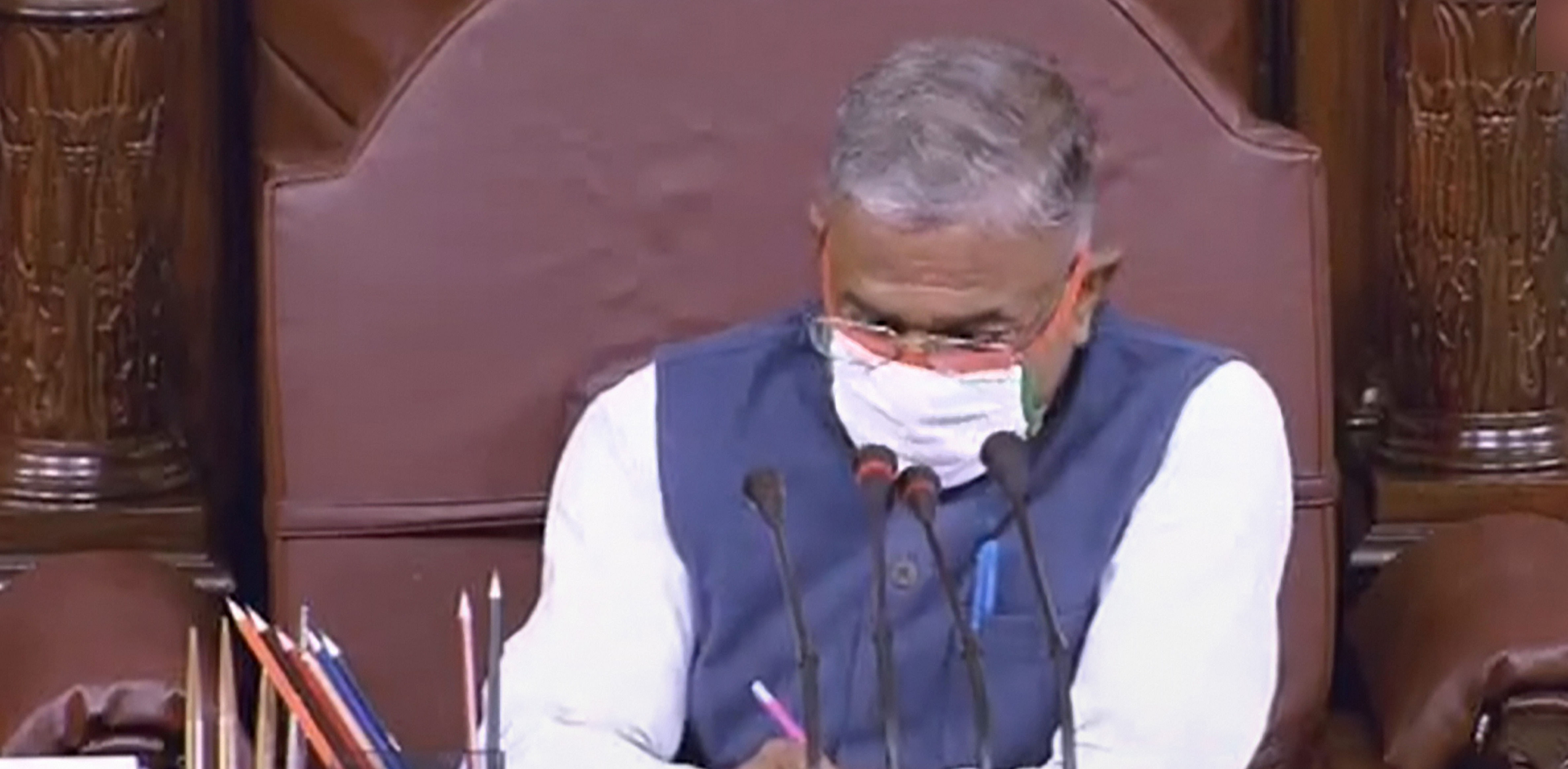 Rajya Sabha Deputy Chairman Harivansh Narayan Singh conducts proceedings during the ongoing Monsoon Session of Parliament. Credit: PTI