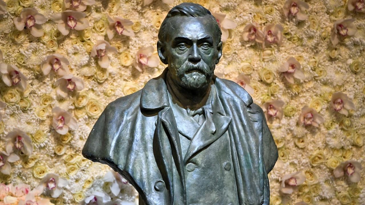 A bronze bust of Alfred Nobel is pictured before the Nobel Prize ceremony at Stockholm Concert Hall, in Stockholm. Credit: Reuters/file photo.