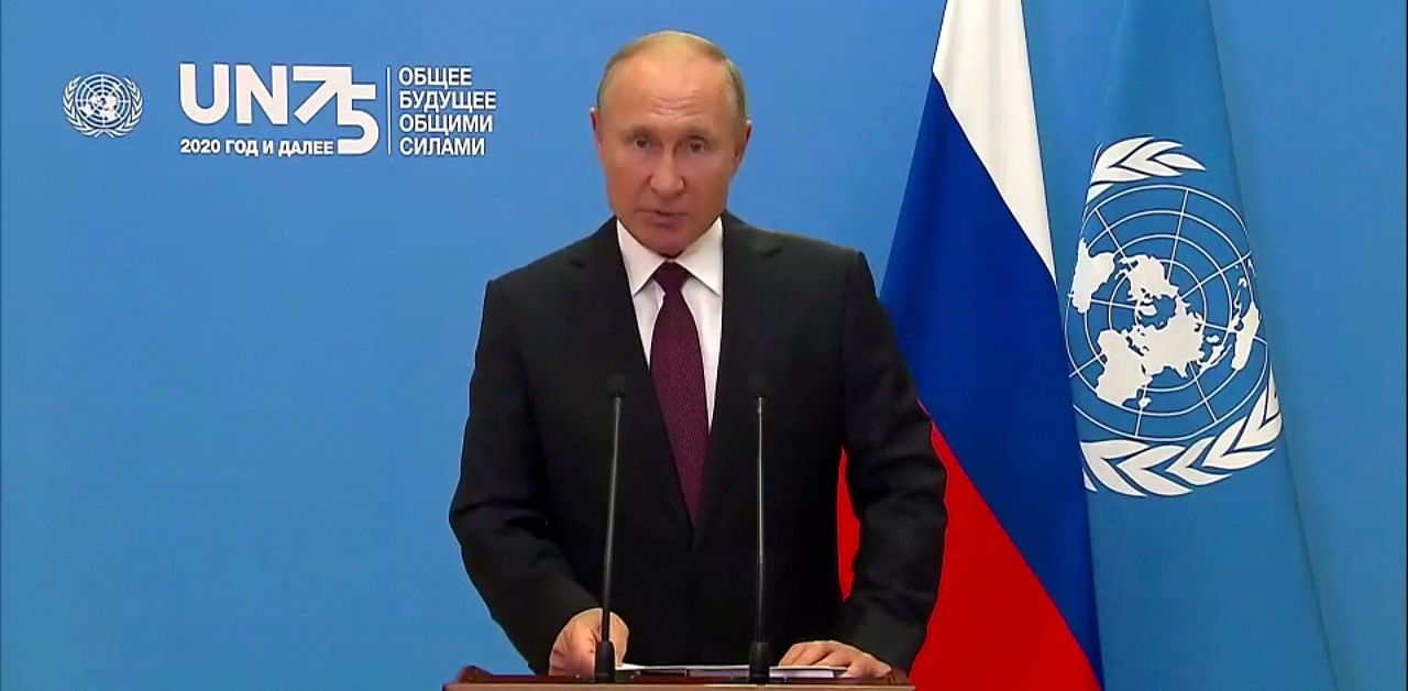  In this image made from UNTV video, Russian President Vladimir Putin speaks in a pre-recorded message which was played during the 75th session of the United Nations General Assembly, Tuesday, Sept. 22, 2020, at U.N. headquarters in New York. The U.N.'s first virtual meeting of world leaders started Tuesday with pre-recorded speeches from some of the planet's biggest powers, kept at home by the coronavirus pandemic that will likely be a dominant theme at their video gathering this year. Credit: AP/PTI Photo