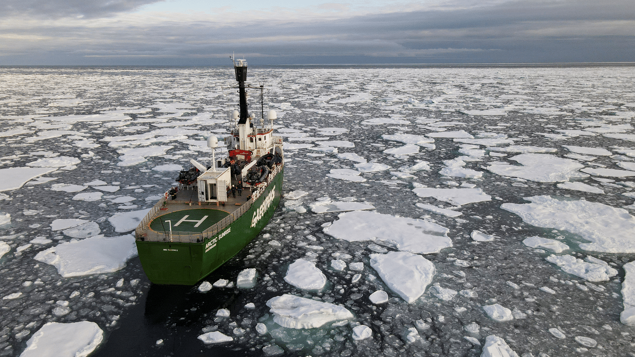 Greenpeace's Arctic Sunrise ship navigates through floating ice in the Arctic Ocean. Credits: Reuters Photo