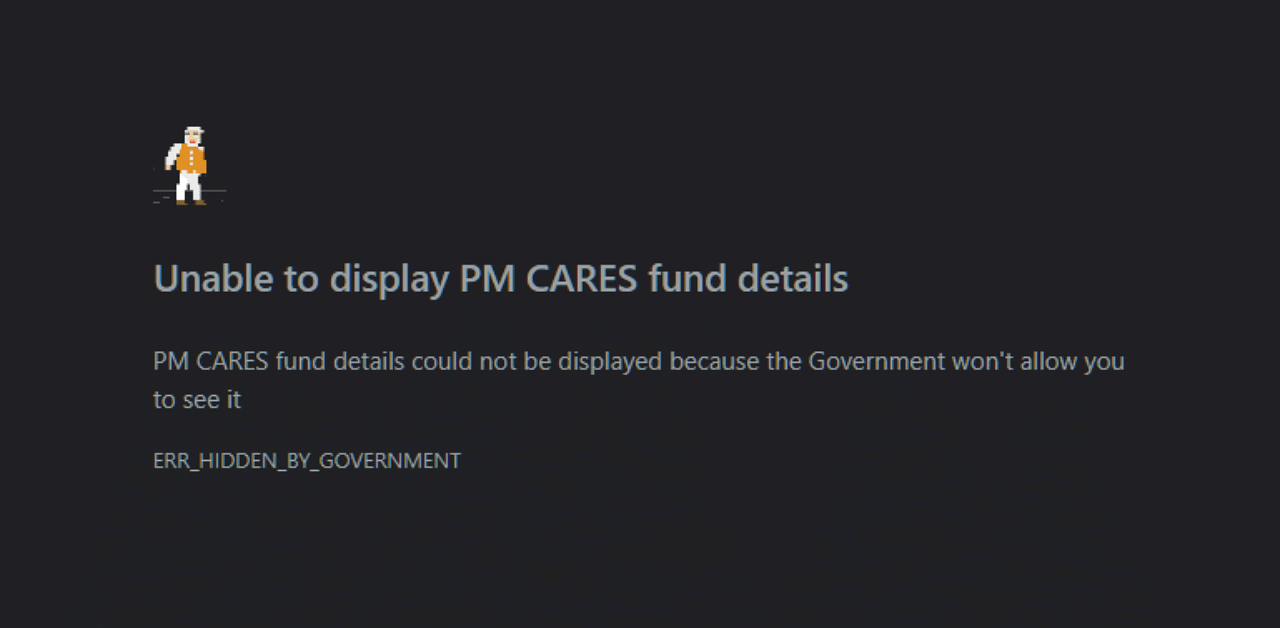 Screen grab of the 'PM CARES FUND NOT FOUND' game.