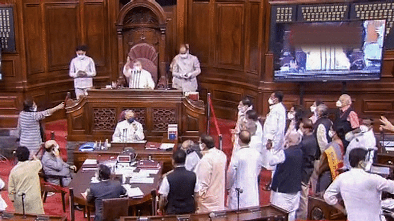 Opposition leaders stage a protest in the Rajya Sabha over suspension of 8 MPs for causing ruckus in the upper house yesterday, during the ongoing Monsoon Session of Parliament. Credits: PTI Photo