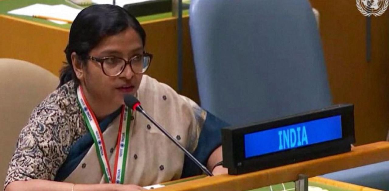 India's First Secretary Vidisha Maitra speaks at the United Nations General Assembly. Credit: PTI
