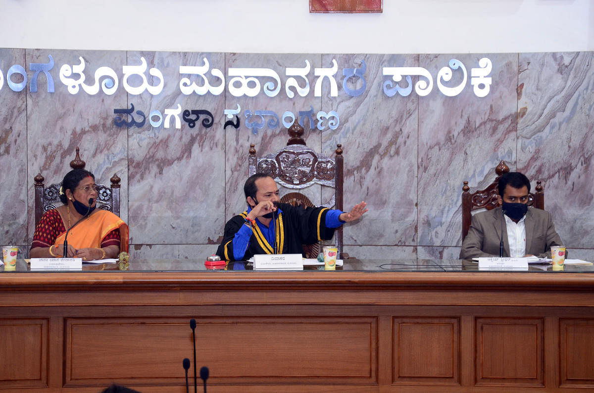 Mayor Diwakar speaks at the council meeting of Mangaluru City Corporation on Tuesday. 