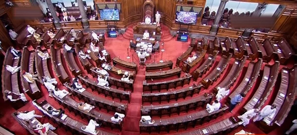 Parliamentarians in the Rajya Sabha after opposition MPs staged a walkout demanding suspension of 8 lawmakers be revoked, during the ongoing Monsoon Session of Parliament, at Parliament House in New Delhi, Tuesday , Sept. 22, 2020. Credit: RSTV/PTI Photo