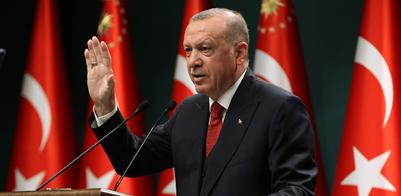 Turkey's President Recep Tayyip Erdogan, talks in a televised address, following a cabinet meeting, in Ankara, Turkey. Credit: AP Photo