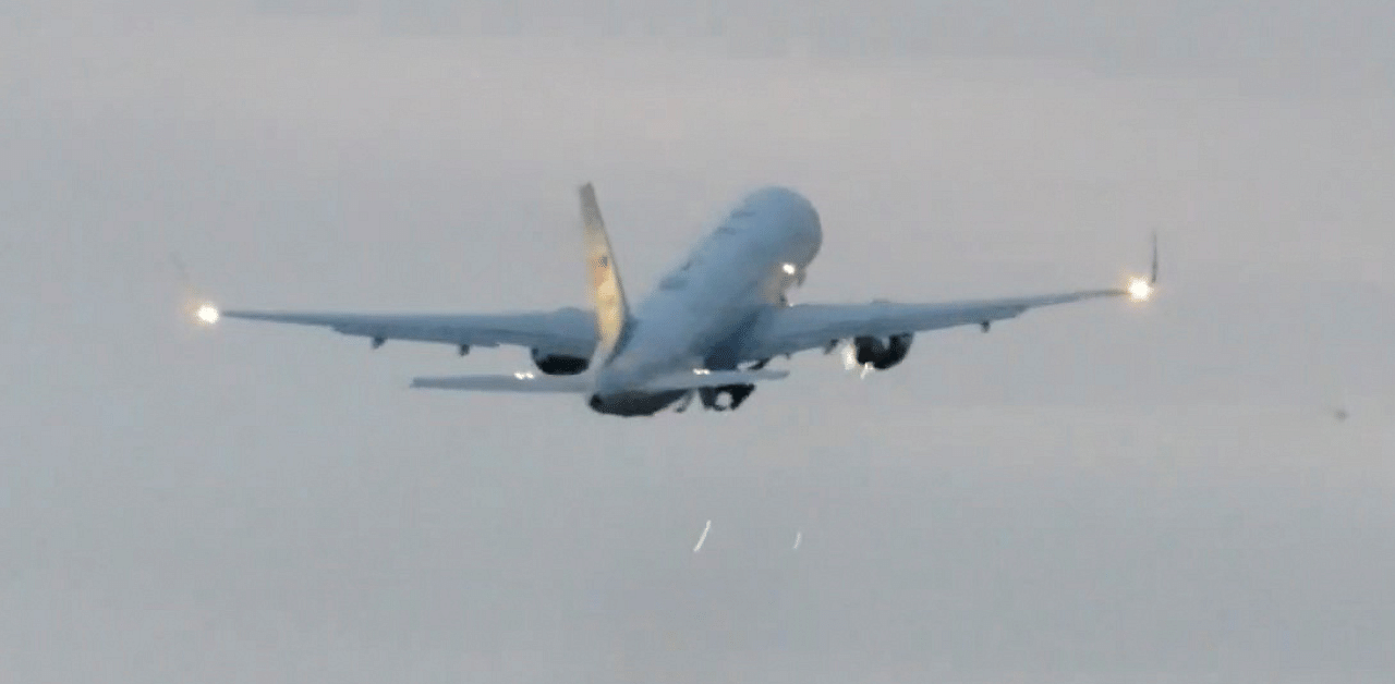 Sparks appear near the engine of Air Force 2, which carried US Vice President Mike Pence, as the plane strikes a bird during takeoff at Manchester. Credit: Reuters Photo