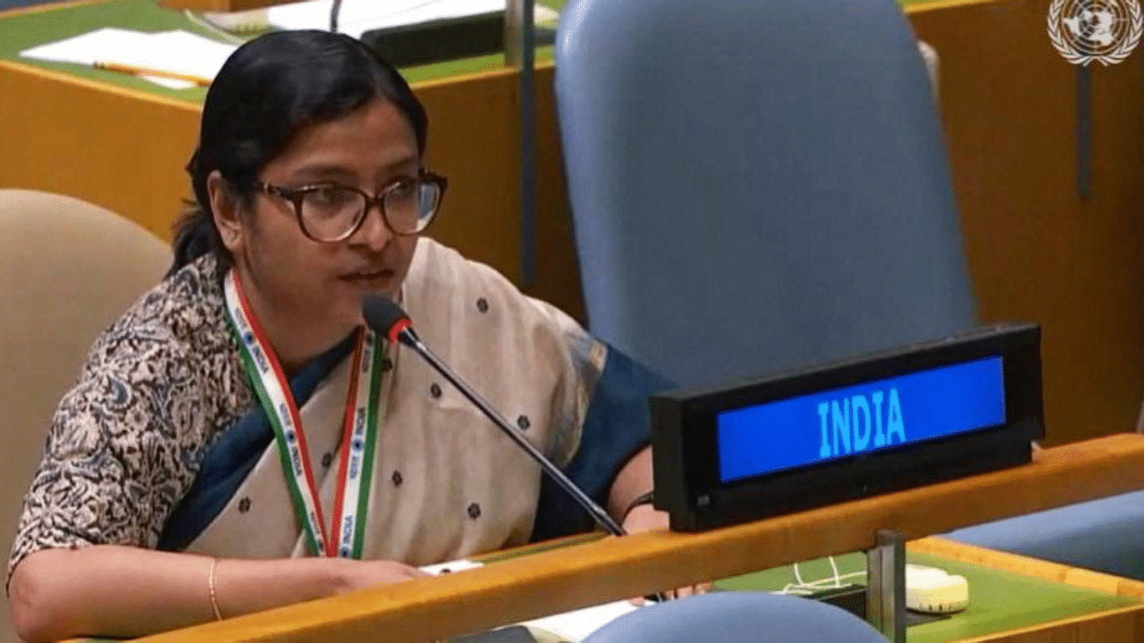 India's First Secretary Vidisha Maitra speaks at the United Nations General Assembly (UNGA) in response to Prime Minister Imran Khan's speech at the United Nations. Credits: PTI Photo