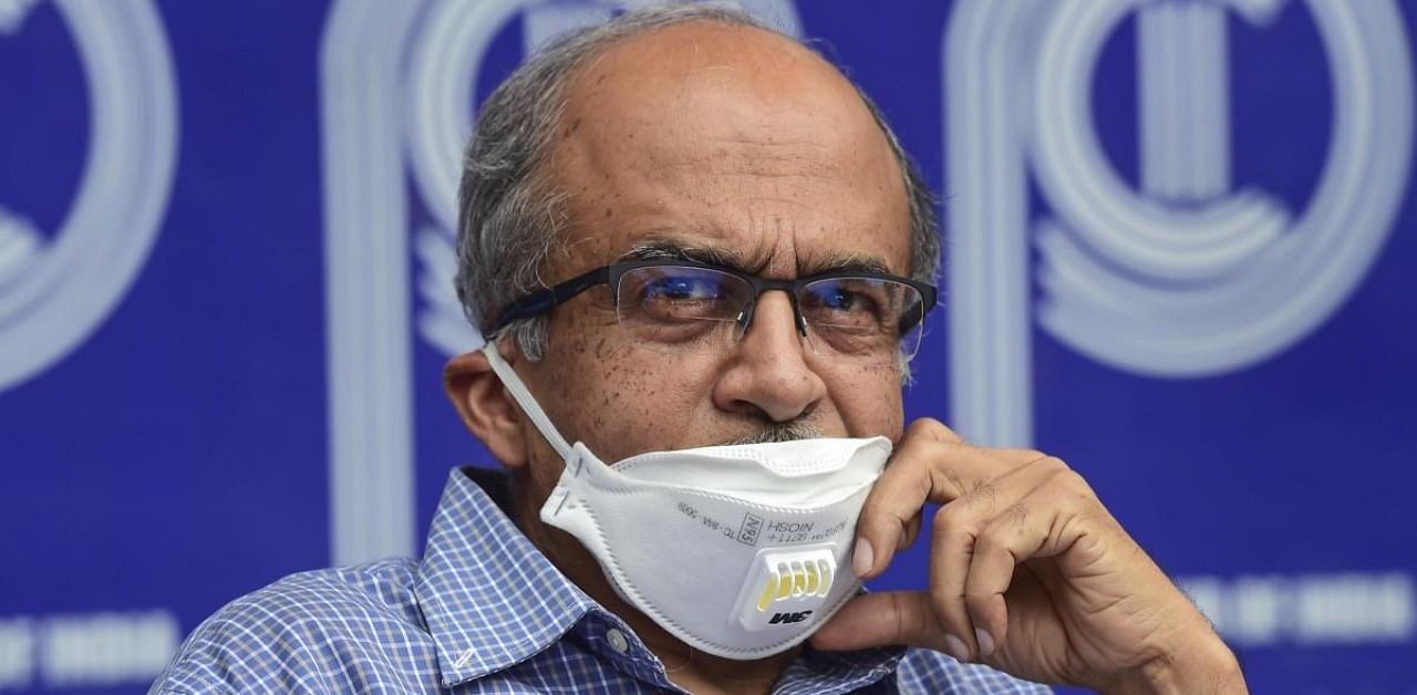 Activist-lawyer Prashant Bhushan addresses a press conference, after Supreme Court imposed a token fine of one rupee as punishment in a contempt case against him, in New Delhi. Credit: PTI