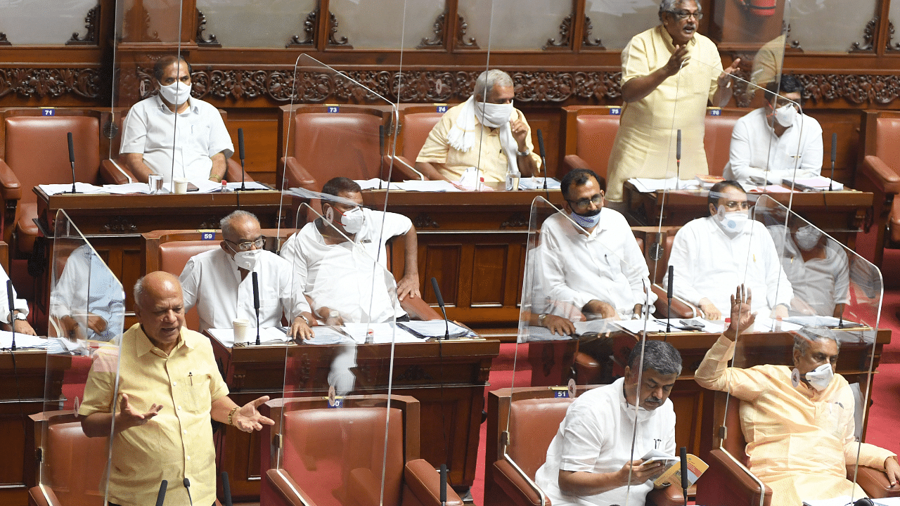 S R Patil, opposition party leader speaking on 50a session at Legislative Council. Credits: DH Photo