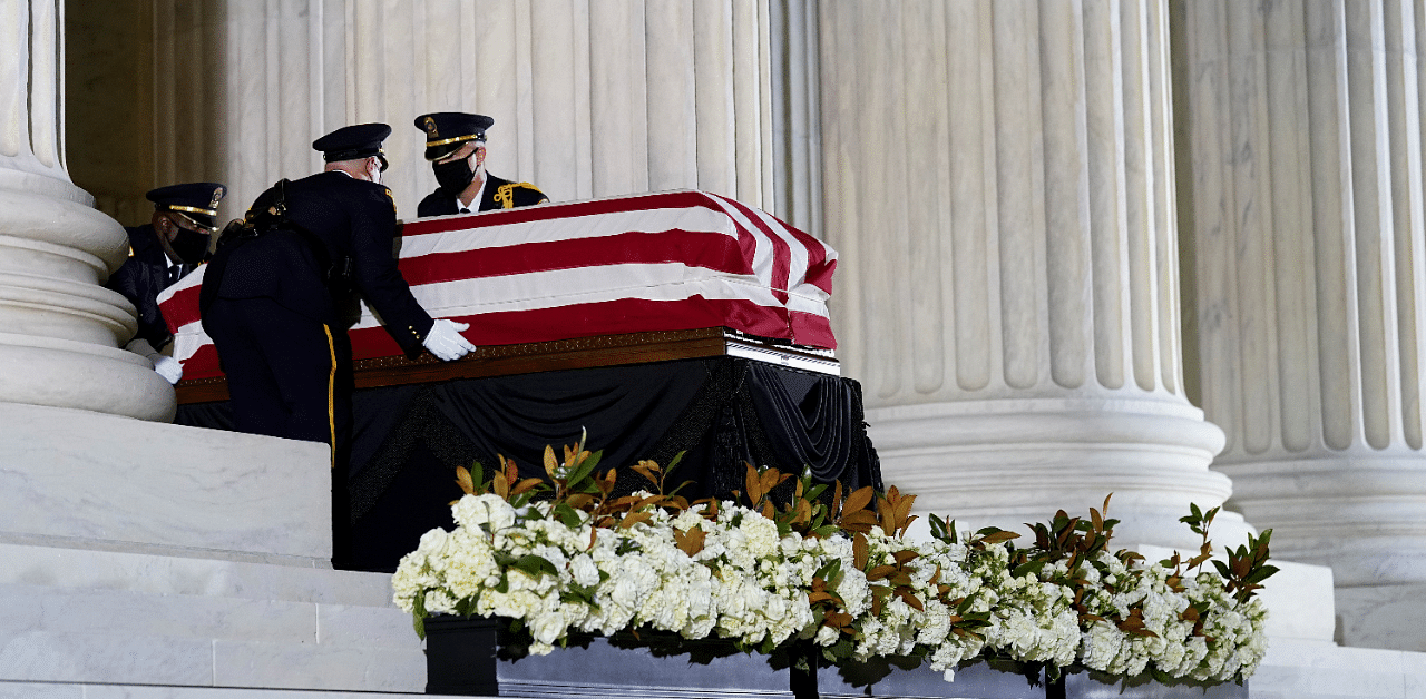 A Supreme Court Honor Guard moves the flag-draped casket of Justice Ruth Bader Ginsburg back into the court as Ginsburg lies in repose. Credit: Reuters Photo