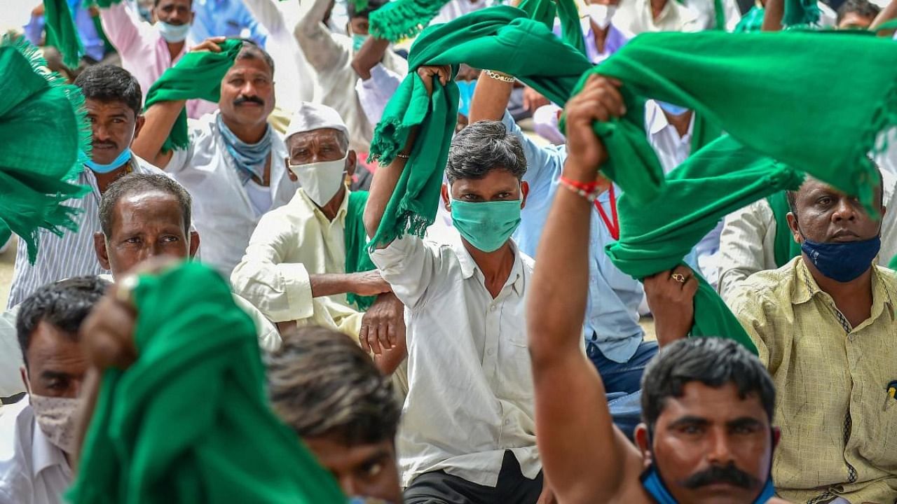 Farmers protest against the passage of new farm bills in the Parliament and land legislations proposed by the Karnataka government. Credit: PTI.