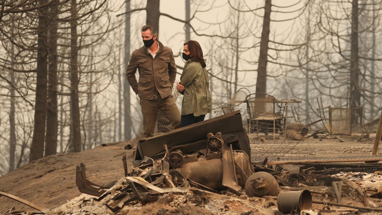 US vice presidential nominee Senator Kamala Harris meets with California Governor Gavin Newsom at the site of the Creek Fire in Auberry. Credit: Reuters.