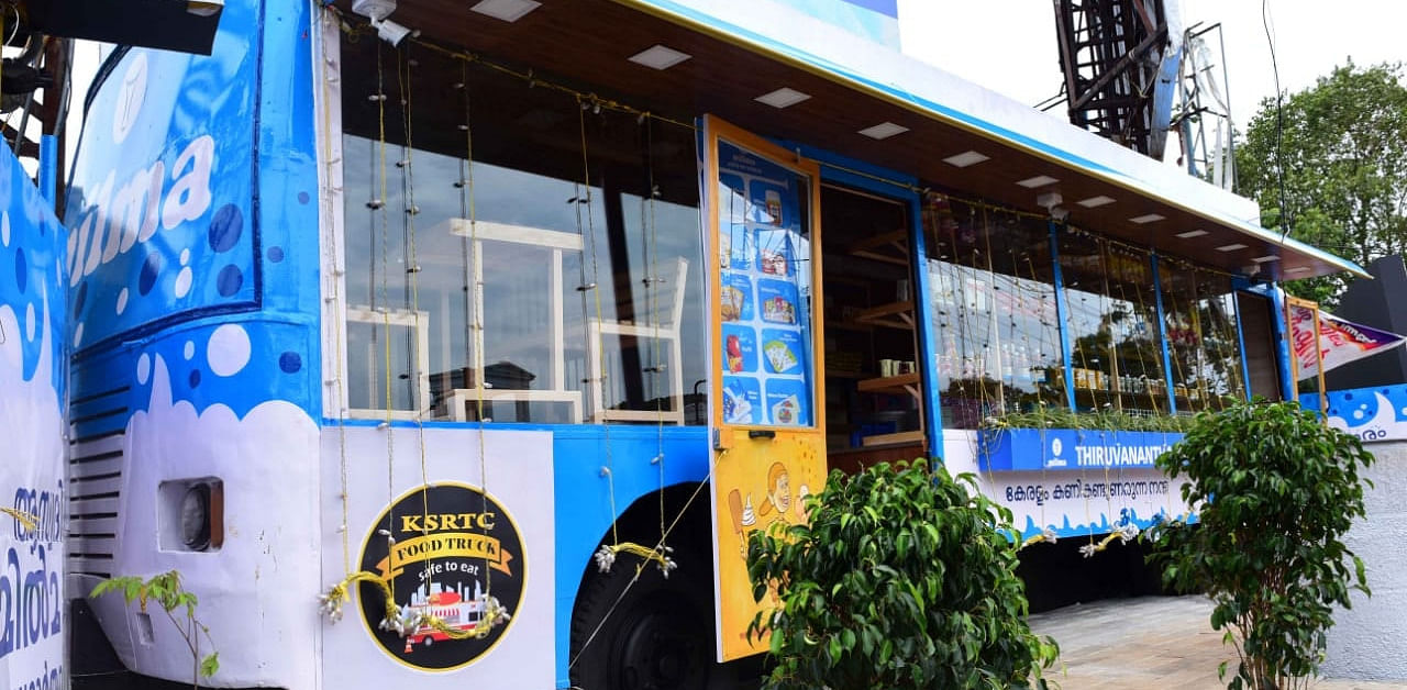 A KSRTC bus converted into a kiosk. Credit: Facebook Photo/@PinarayiVijayan