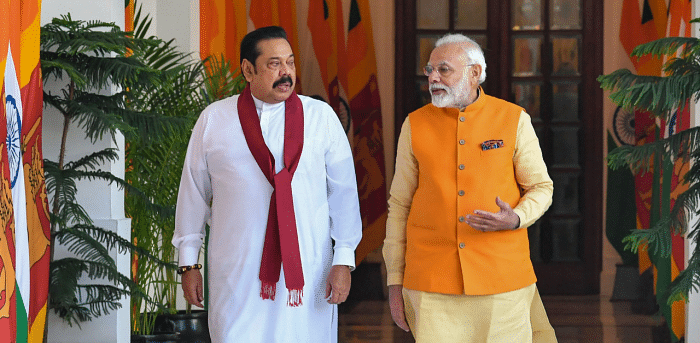Prime Minister Narendra Modi and the Sri Lankan Prime Minister Mahinda Rajapaksa. Credit: PTI Photo