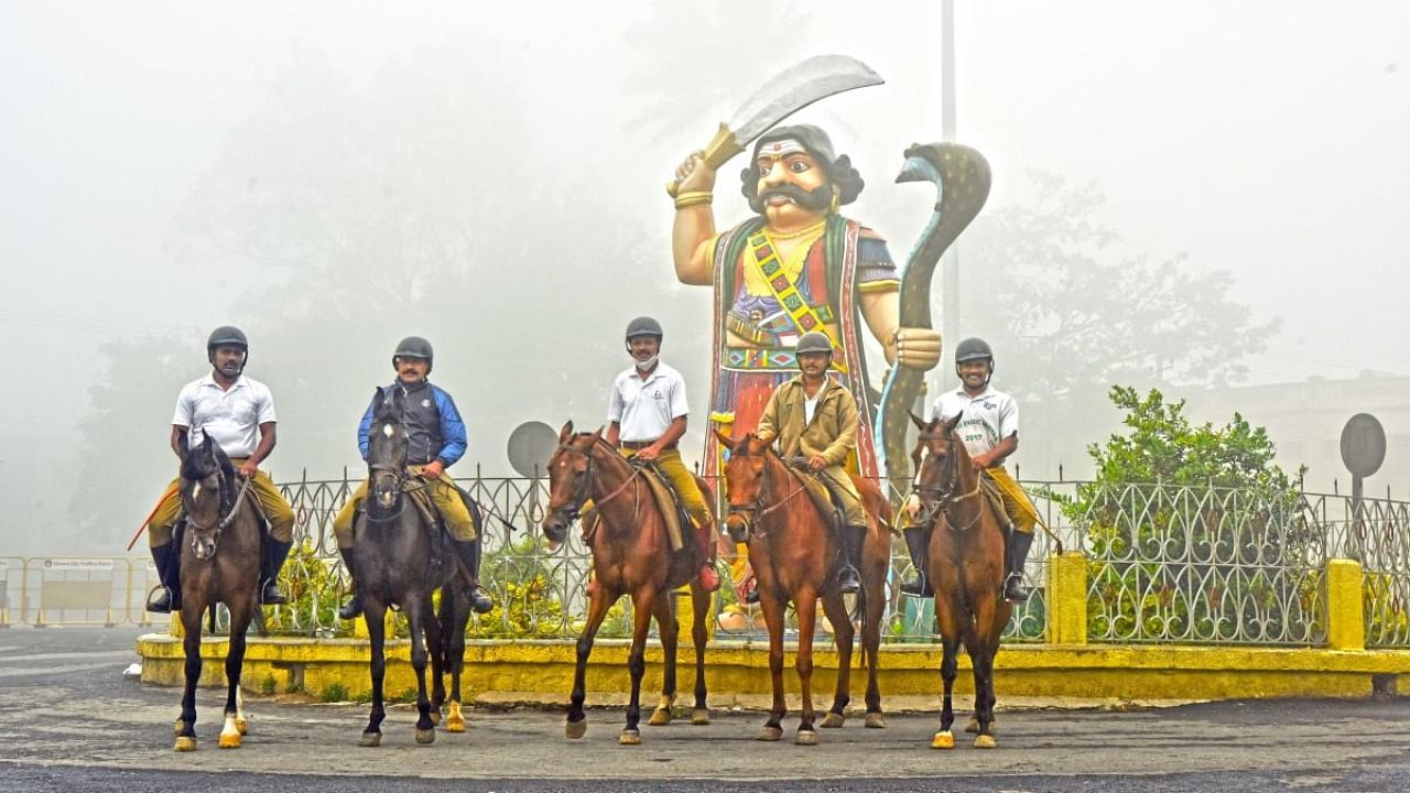 Mounted Police Company take out a ride atop the Chamundi Hill in Mysuru.