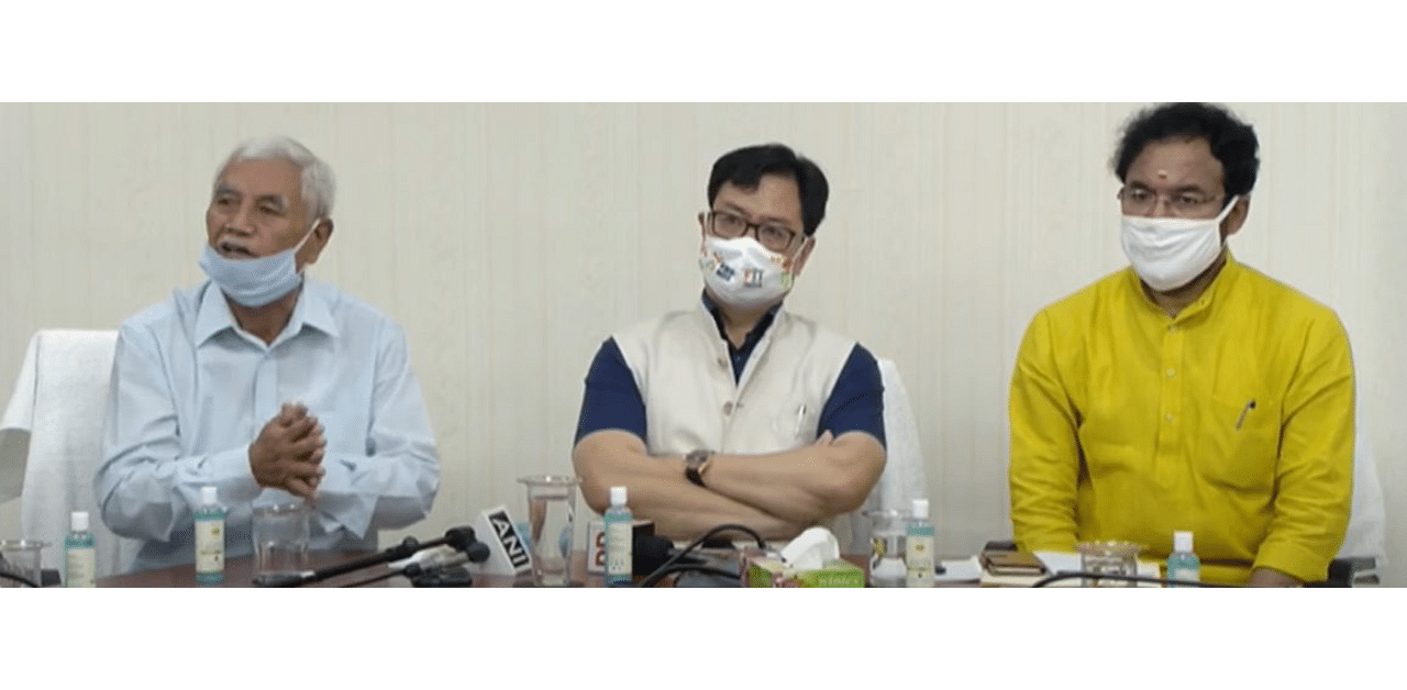 Former Ladakh MP Thupstan Chhewang and Union ministers Kiren Rijiju and G Kishan Reddy said the delegation was assured that all issues related to language, demography, ethnicity, land and jobs will be considered positively and taken care of. Credit: Twitter (@DDNewsHindi)