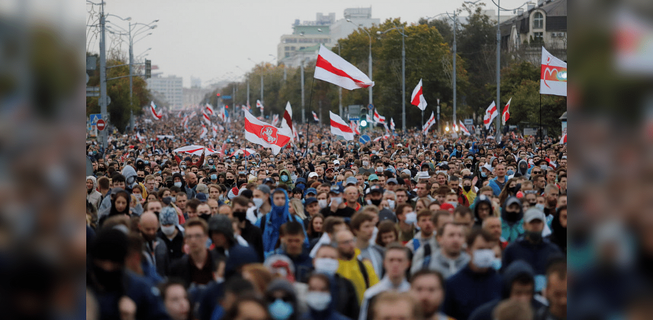 People attend an opposition rally to reject the presidential election results and to protest against the inauguration of Belarusian President Alexander Lukashenko in Minsk, Belarus September 27, 2020.  Credit: Reuters Photo