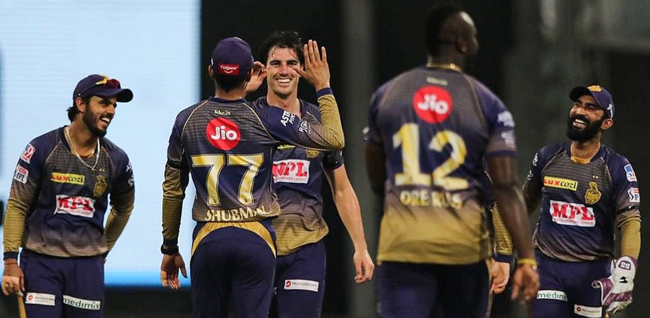 Pat Cummins of Kolkata Knight Riders celebrates the wicket of Jonny Bairstow of Sunrisers Hyderabad during their Indian Premier League 2020 cricket match at the Sheikh Zayed Stadium, Abu Dhabi. Credit: PTI