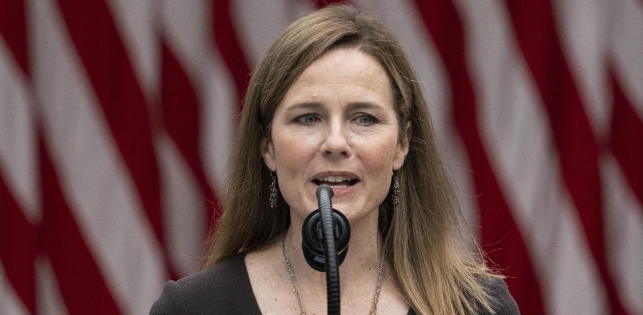 Judge Amy Coney Barrett speaks after President Donald Trump announced her as his nominee to the Supreme Court, in the Rose Garden at the White House. Credit: AP