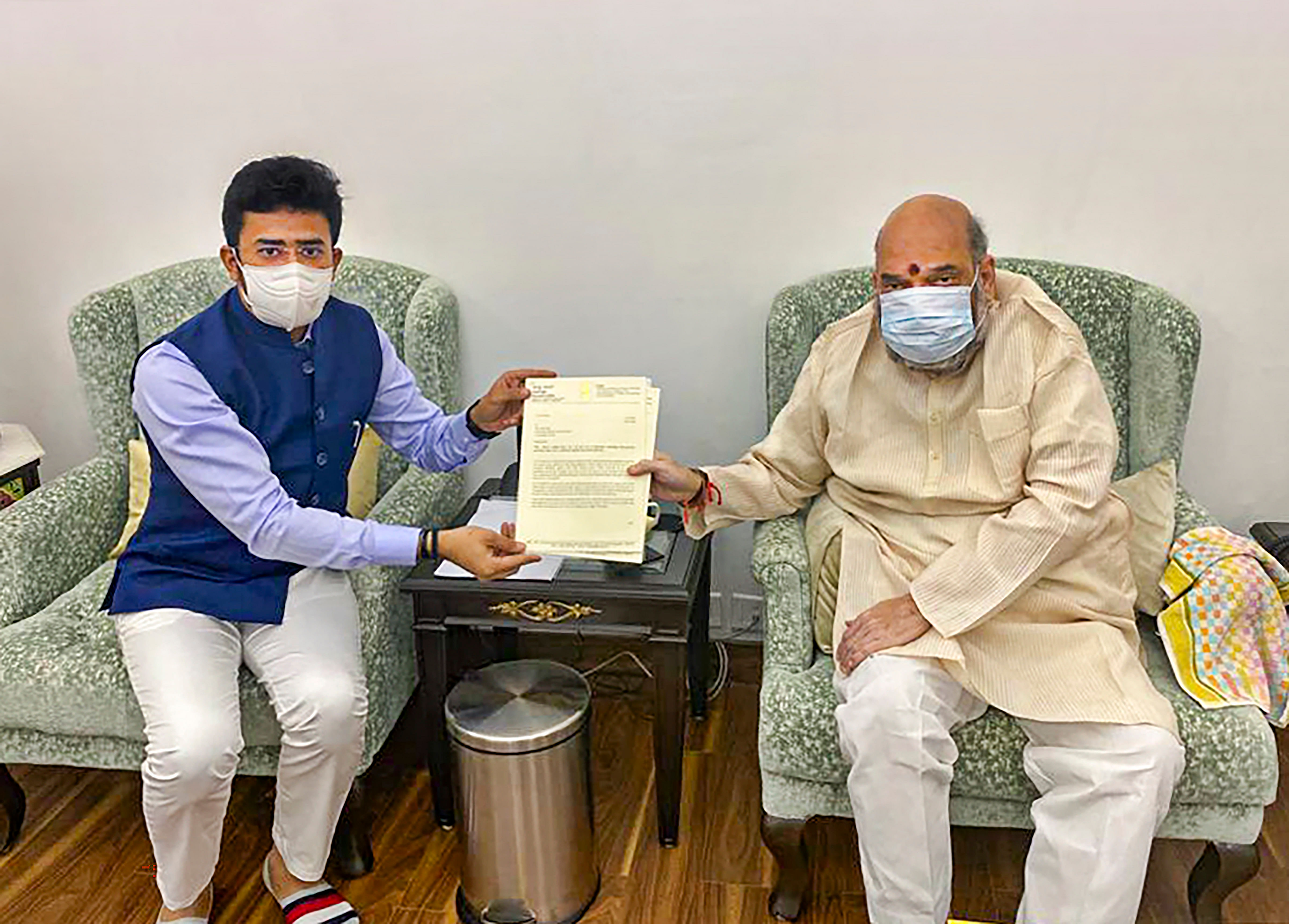Union Home Minister Amit Shah during a meeting with BJP MP Tejasvi Surya, in New Delhi. Credit: PTI