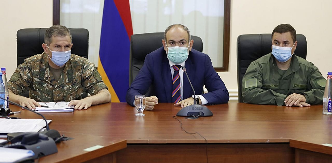 Armenian Prime Minister Nikol Pashinyan meets with top military officials in Yerevan. Credit: AFP