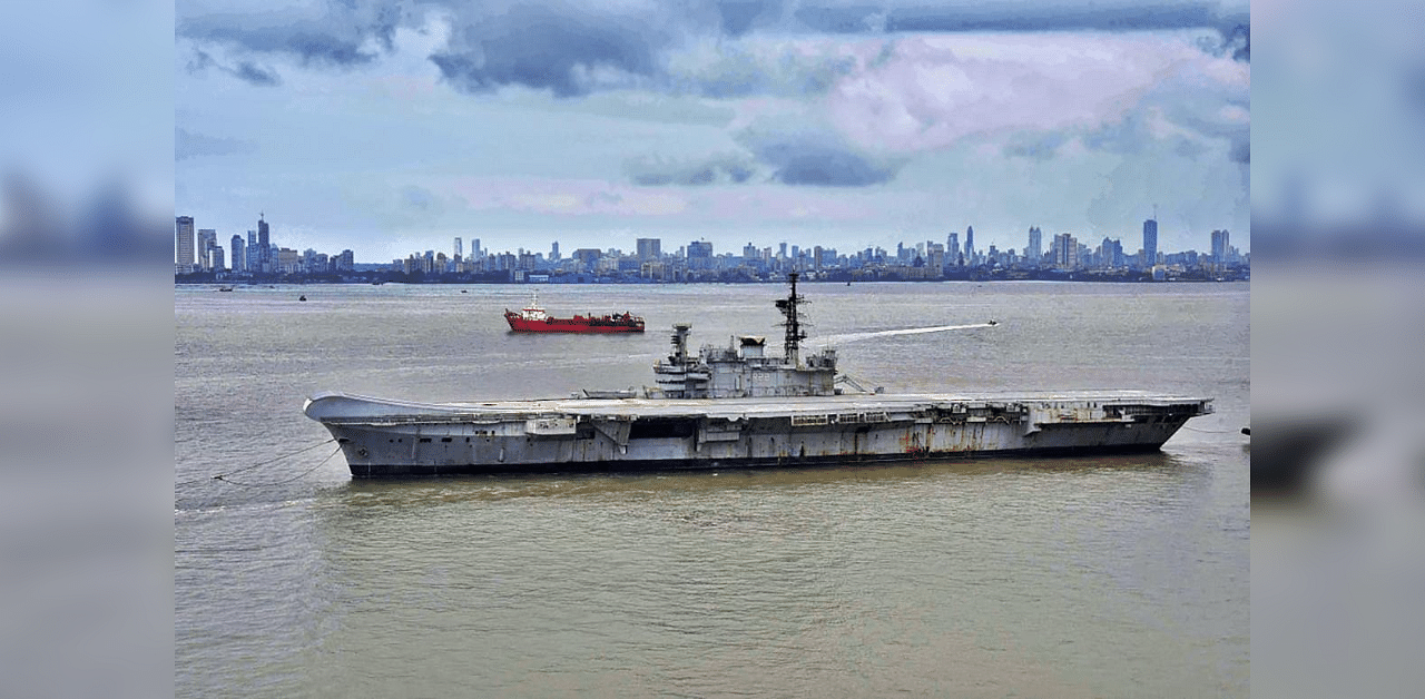 INS Viraat on its way to Alang in Gujarat, where it will be dismantled and sold as scrap, in Mumbai, Saturday, Sept. 19, 2020. The naval ship has served the Indian Navy for 30 years before being decommissioned three years ago. Credit: PTI Photo