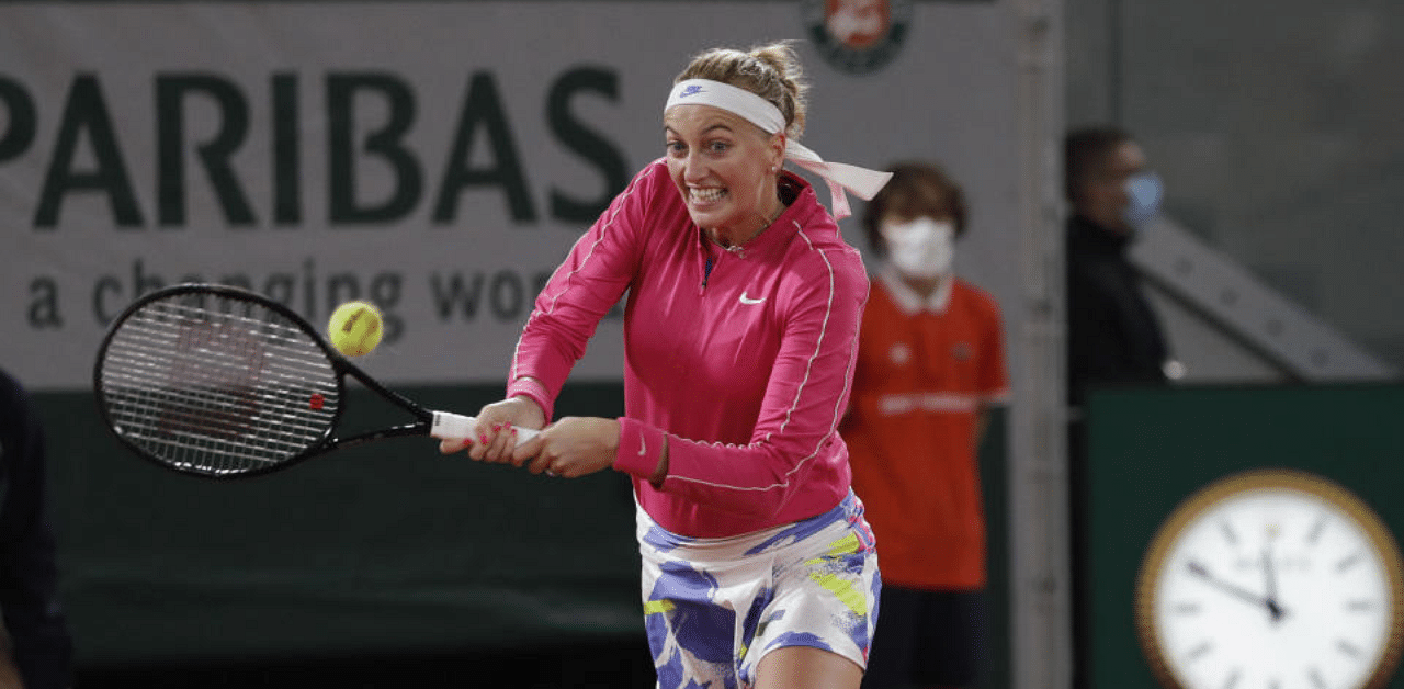 Petra Kvitova of the Czech Republic plays a shot against France's Oceane Dodin in the first round match of the French Open tennis tournament at the Roland Garros stadium in Paris, France, Monday, Sept. 28, 2020. Credit: AP Photo