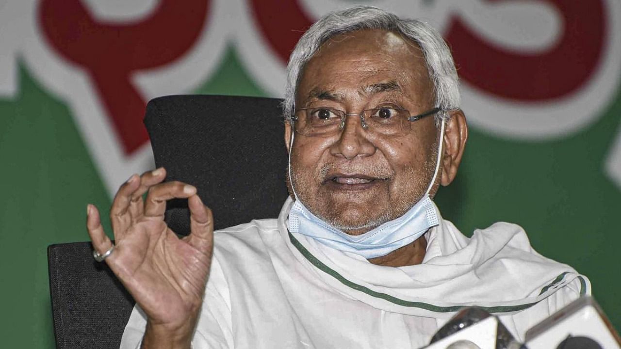 Bihar CM and Janata Dal United President Nitish Kumar addresses a press conference after announcement of the schedule for Bihar Assembly elections, in Patna. Credit: PTI