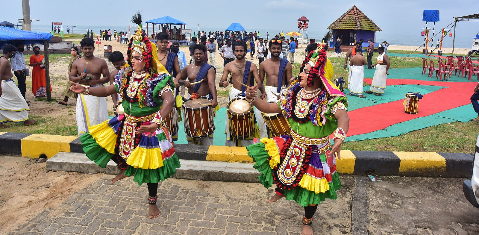 Artistes perform Yakshagana on the shores of Tannirbavi beach. Credit: DH Photo