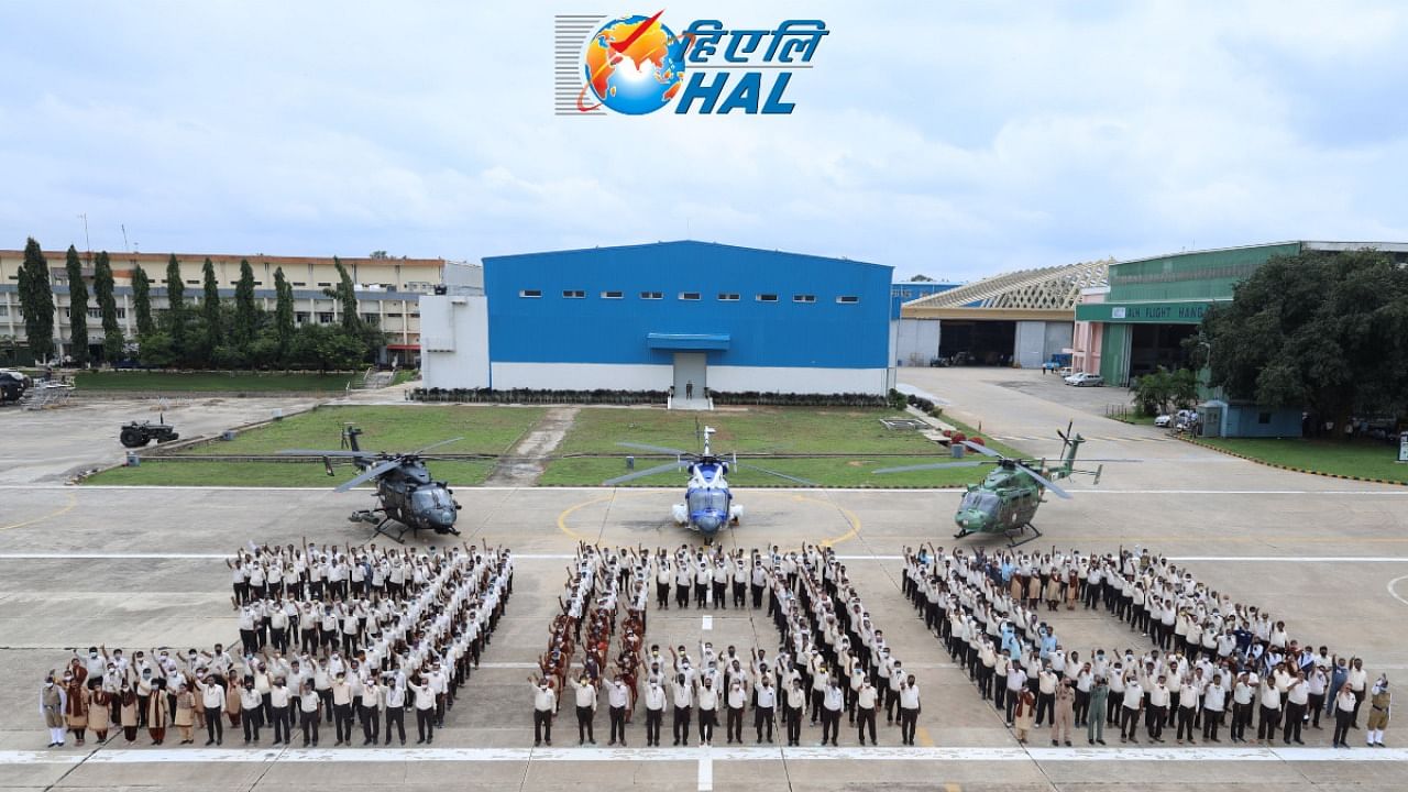 HAL employees gather to form the number "300" during an event to roll-out the 300th Advanced Light Helicopter in Bengaluru on Tuesday. Credit: HAL
