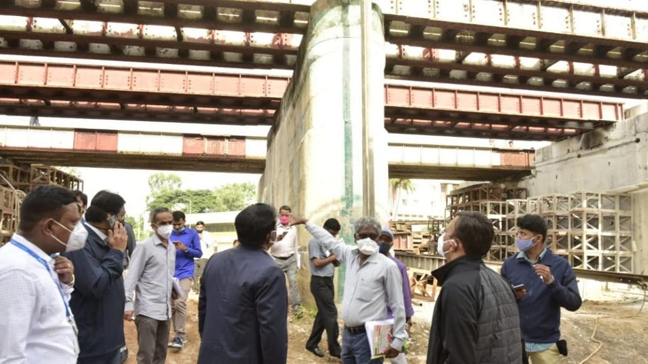 BBMP administrator Gaurav Gupta and commissioner N Manjunatha Prasad inspected pending road works in the city on Monday. Photo by special arrangement.