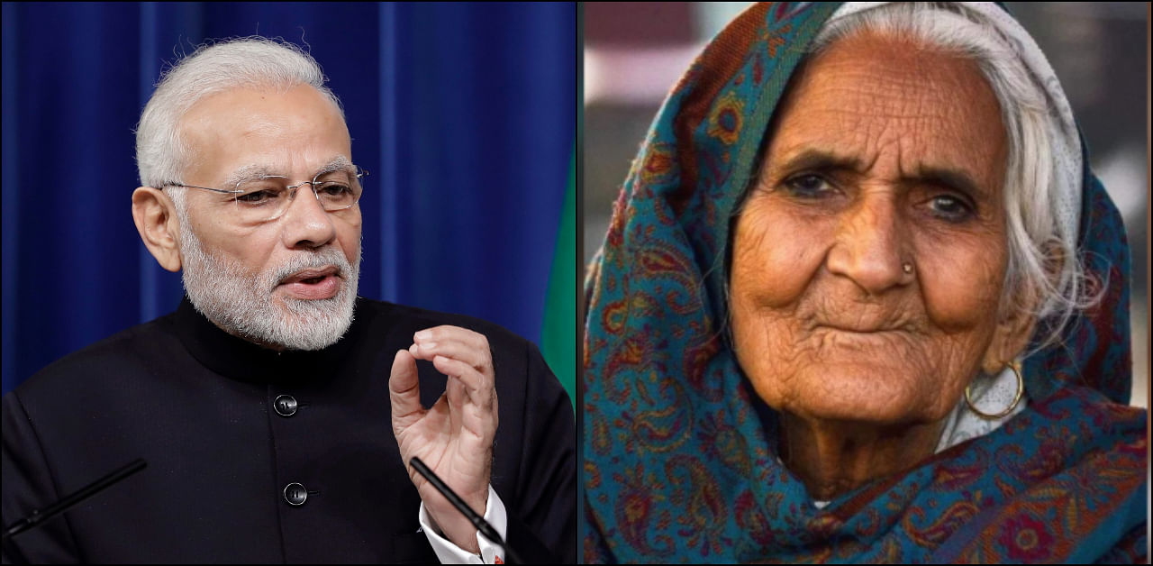 PM Narendra Modi (L) and Shaheen Bagh's Bilkis Dadi Credit AP/PTI / Twitter (@FarahShazli)