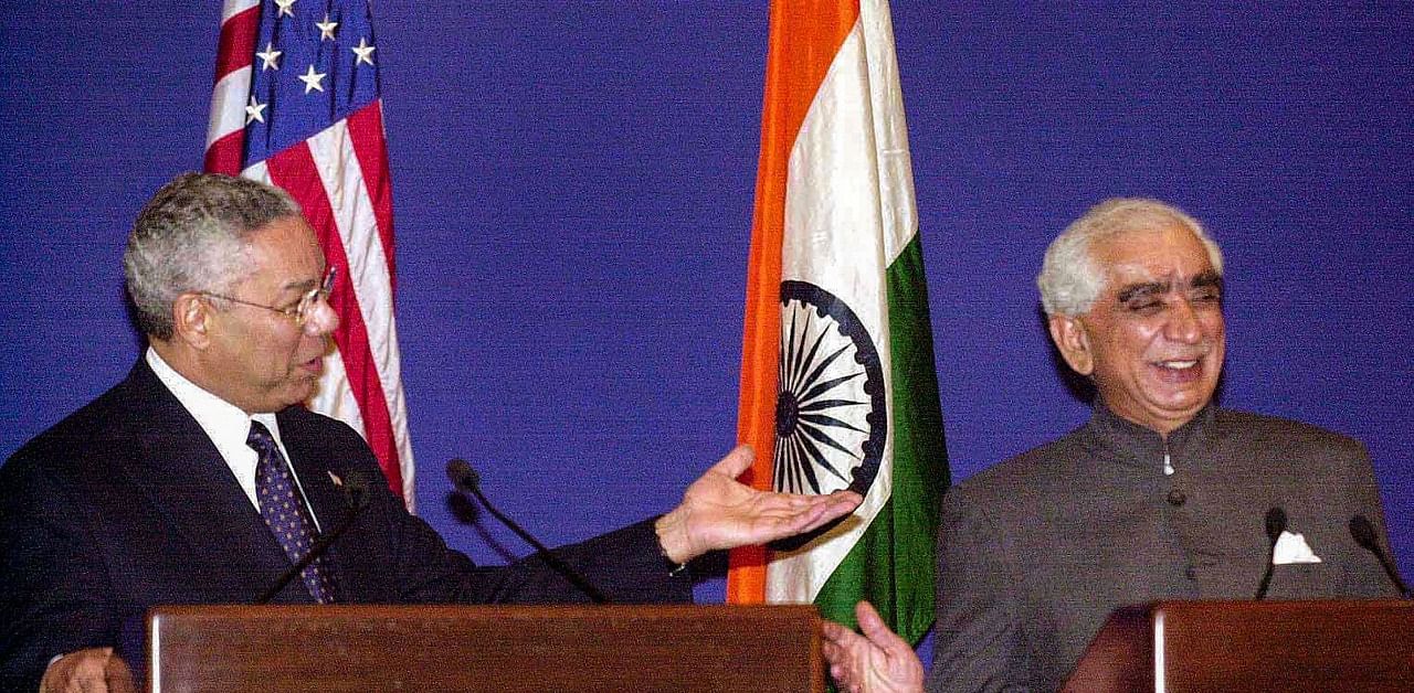 Former Union Minister Jaswant Singh with former U.S. Secretary of State Colin Powell in New Delhi. Credit: PTI Photo