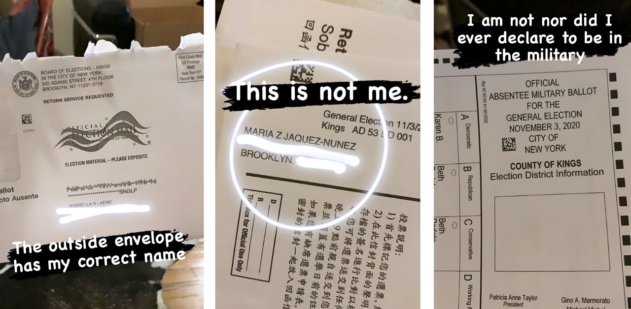 A combination of photos posted on Instagram shows errors on an absentee ballot mailed out ahead of the November 3, 2020 presidential election in New York City. Credit: Reuters Photo