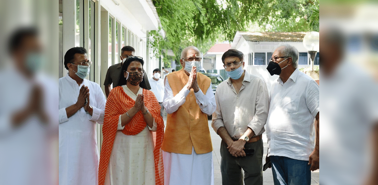 Senior BJP leader LK Advani, one the accused in Babri mosque demolition case, along with his daughter Pratibha Advani (2nd L) and son Jayant Advani (2nd R) after the verdict by the special CBI court, outside his residence in New Delhi, Wednesday, Sept. 30, 2020. All 32 accused in the Babri mosque demolition case have been acquitted by the court. Credit: PTI Photo