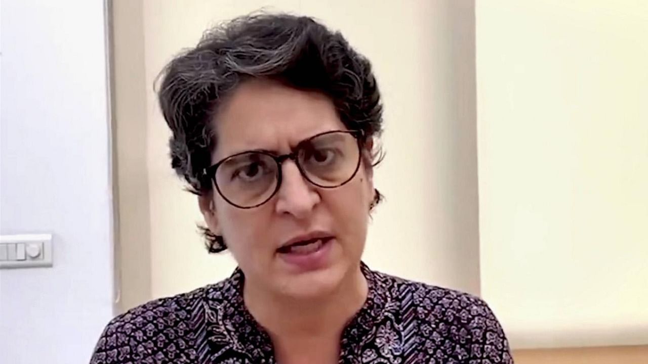 AICC General Secretary Priyanka Gandhi Vadra speaks on the death of a 19-year-old Dalit woman who was murdered and gang-raped in UP's Hathras, via video link. Credit: PTI.