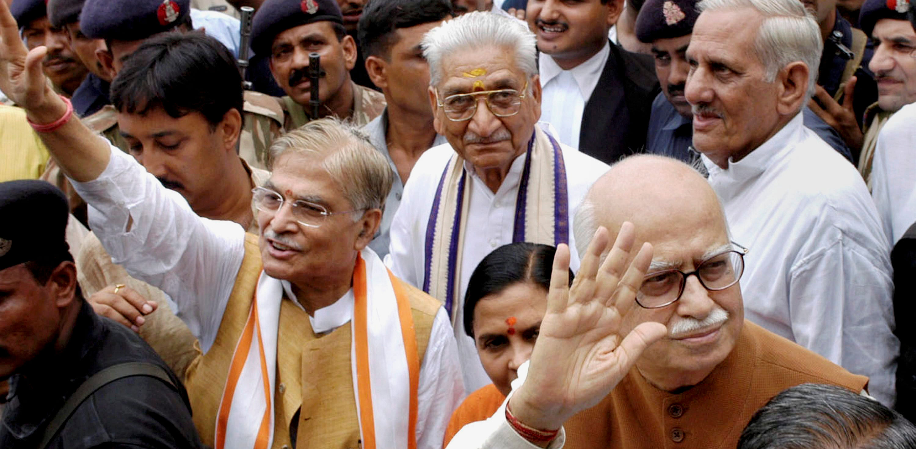 BJP leaders LK Advani, MM Joshi and Uma Bharti are seen in Raebareli in this 2005 file photo. Credit: PTI