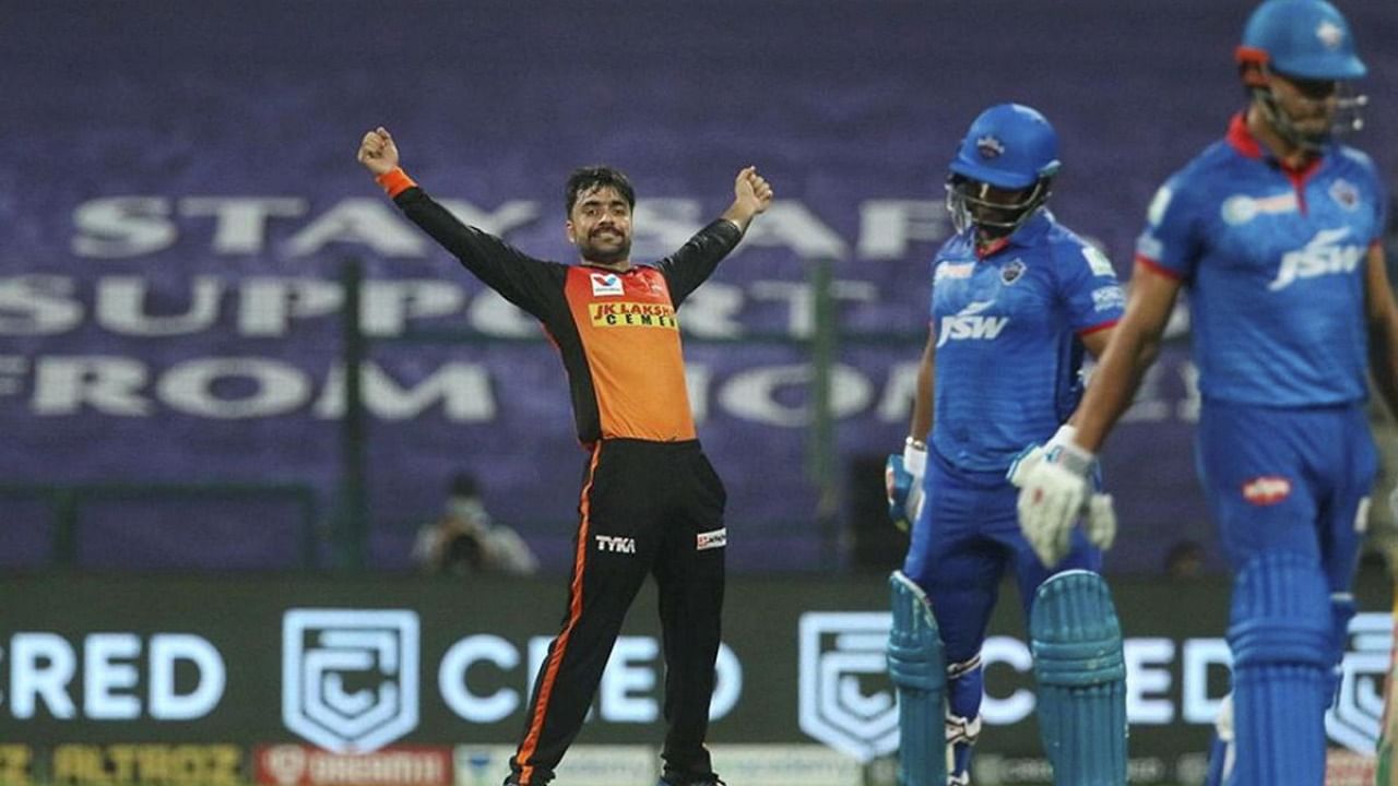 Sunrisers Hyderabad player Rashid Khan celebrates the wicket of Delhi Capitals batsman Rishabh Pant during the Indian Premier League 2020 match. Credit: PTI