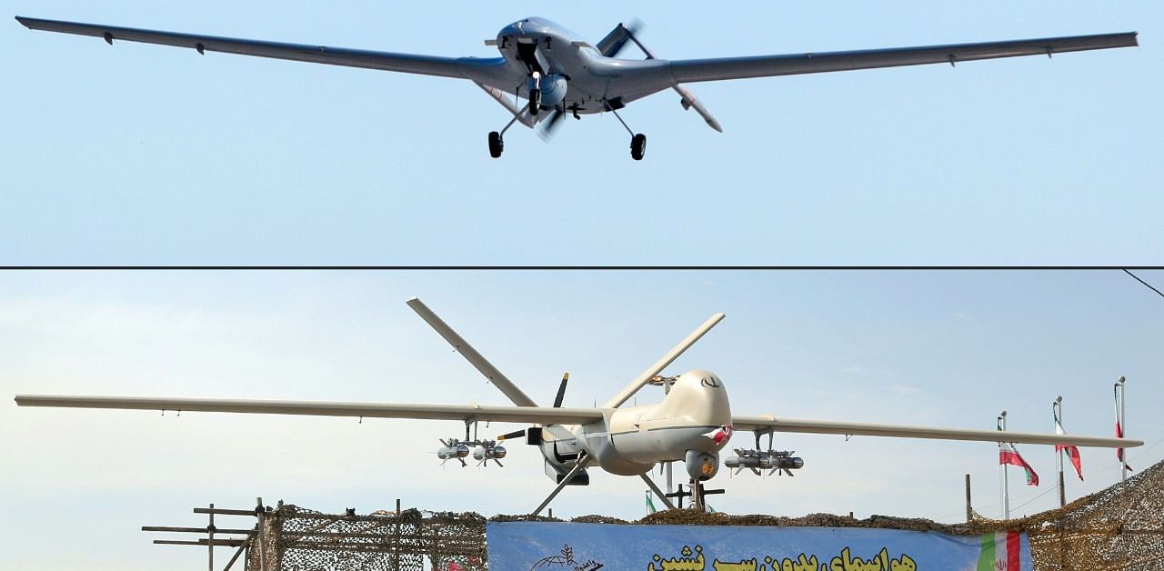 (top) a Turkish-made Bayraktar TB2 drone flying at Gecitkale military airbase near Famagusta in the self-proclaimed Turkish Republic of Northern Cyprus (TRNC) on December 16, 2019; and (bottom) an Iranian-made Shahed-129 drone displayed during celebrations in Iran's capital Tehran. Credit: AFP Photo