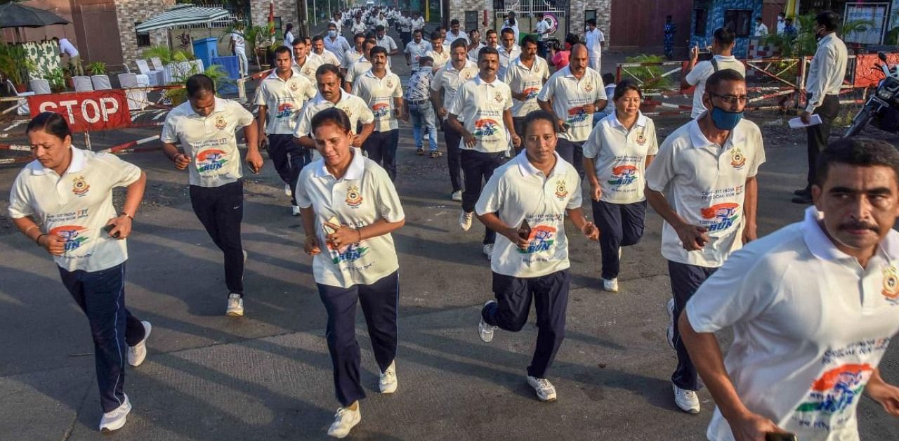 The CRPF director general talked about the Covid-19 cases amid CRPF personnel at the closing event of the 'Fit India Freedom Run' at Vijay Chowk in the national capital. Credit: PTI