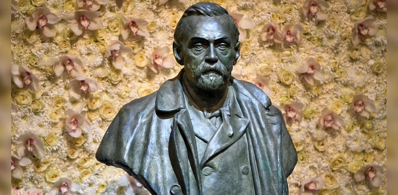 A bronze bust of Alfred Nobel is pictured before the Nobel Prize ceremony at Stockholm Concert Hall, in Stockholm. Credit: Reuters